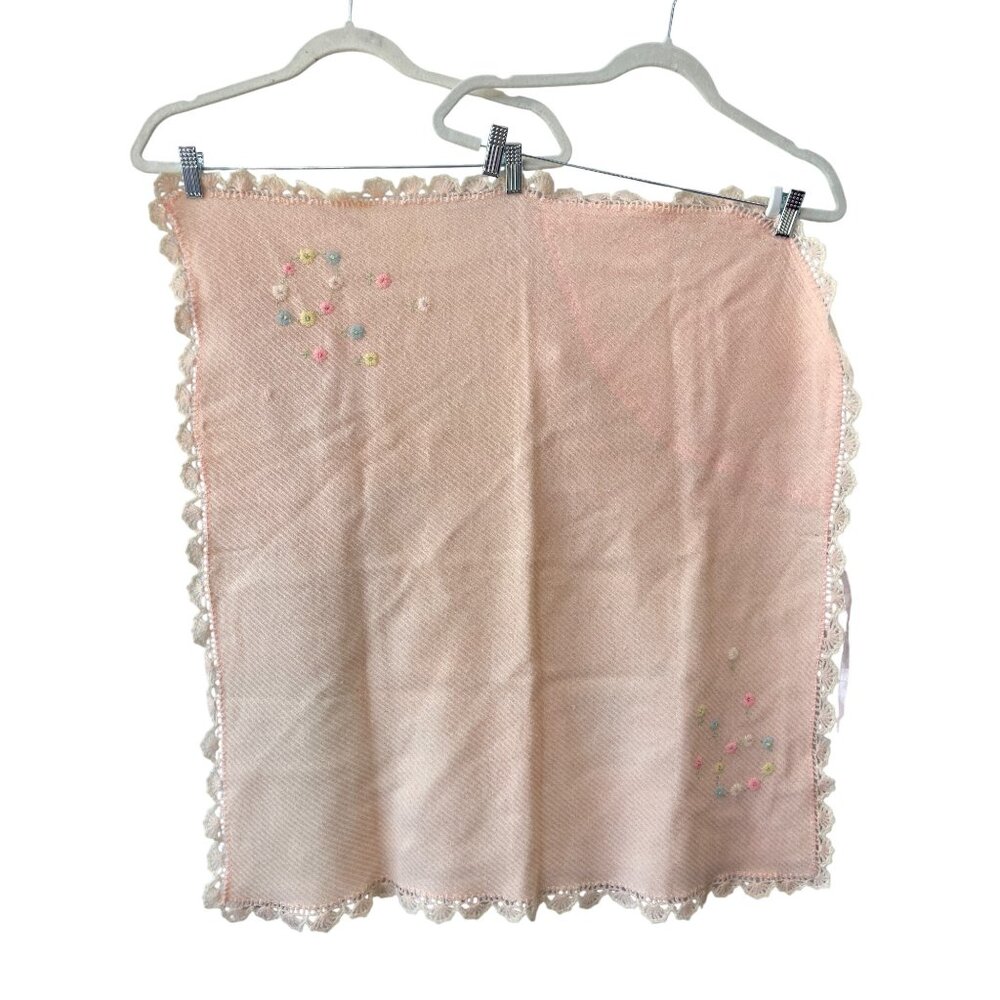 Vintage Hooded Baby Blanket 31.5" X 30" Crochet Lace Pastel Embroidered Floral